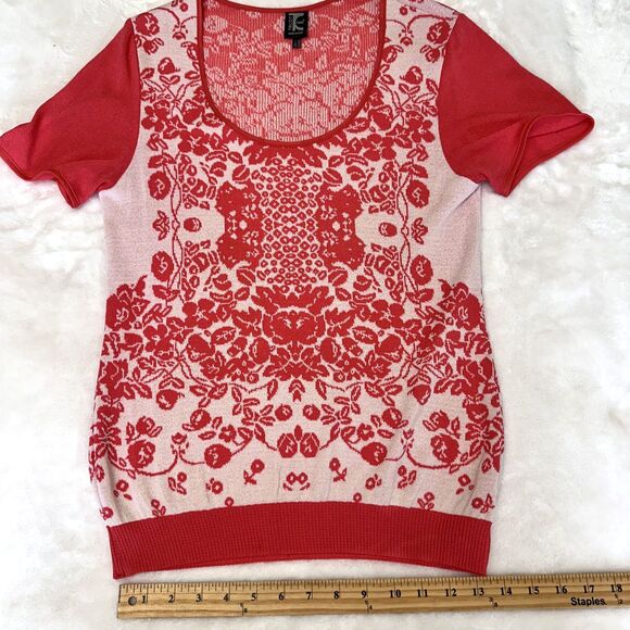 Tricot Chic Women Coral White Floral Short Sleeve Stretch Knit Sweater Top Sz 10 - Picture 12 of 13